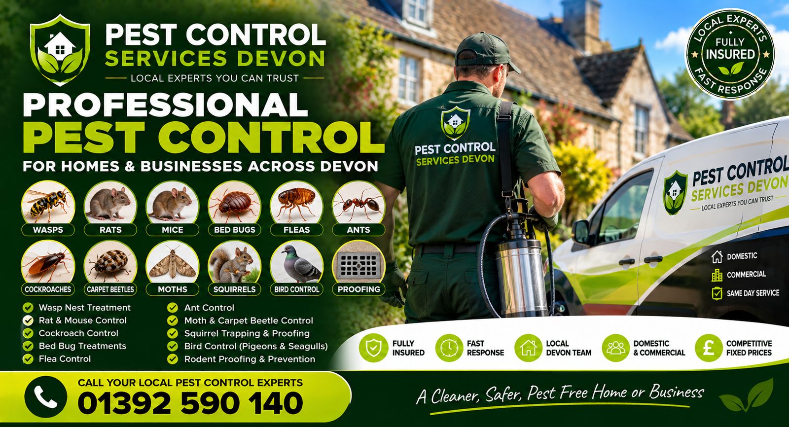 Pest Control Services Devon, call 01392 590 140