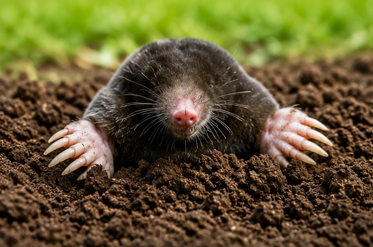 Mole emerging from freshly dug soil in a Devon garden