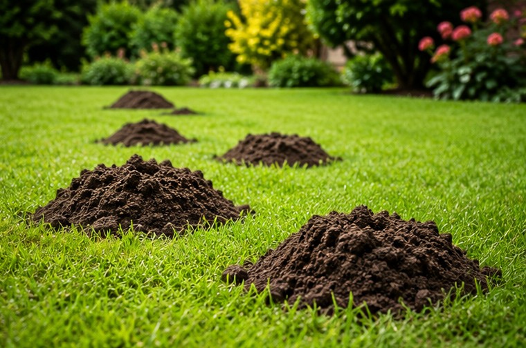 Multiple molehills across a Devon lawn showing active mole tunnels