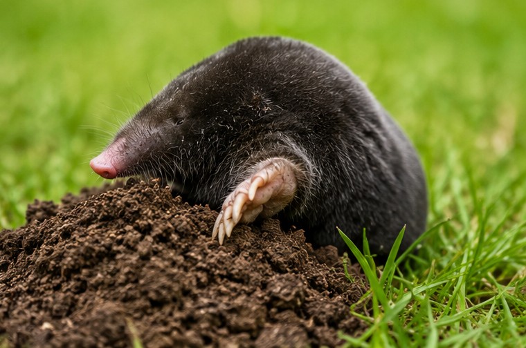 Close-up of a mole emerging from soil in a garden lawn