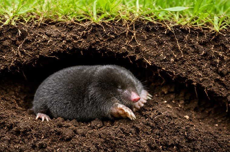 Mole in an underground tunnel beneath a Devon lawn